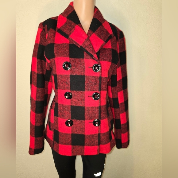 Rampage Carrie Classic Small Double Breast Red & Black Plaid Peacoat Jacket - Picture 1 of 9